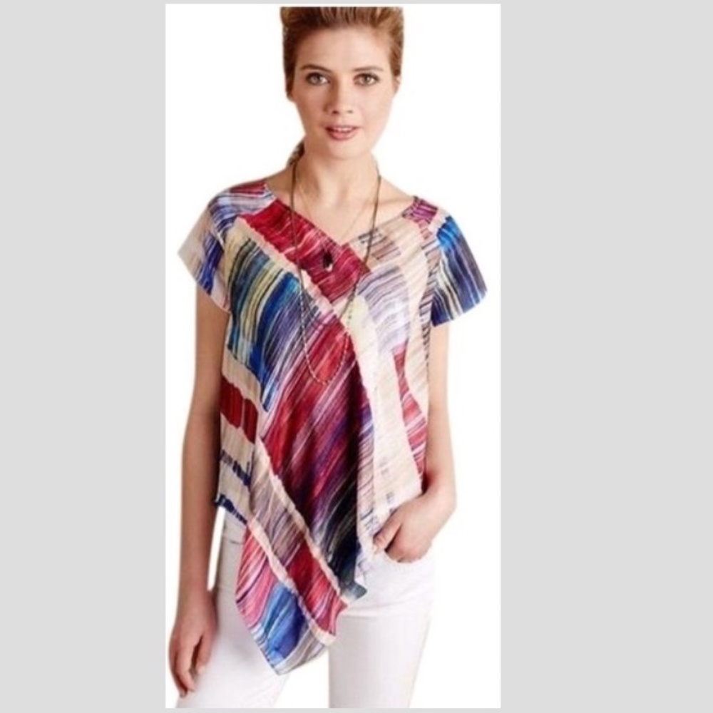 Patriotic TRYB by Anthropologie Red White Blue Abstract Silk Tunic Blouse Size L